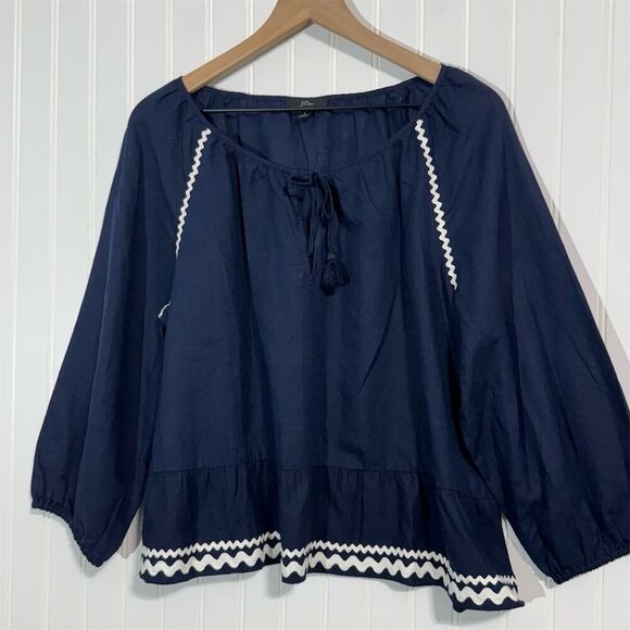 J.Crew Linen Cotton Peasant Top L Boho Navy Blue Embroidered Ruffle Hem Tassel - Picture 2 of 7